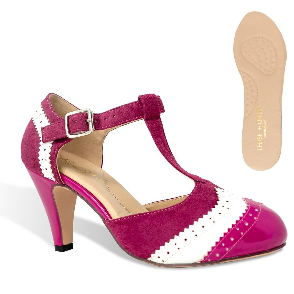 Chase & Chloe Kimmy-66 Closed Toe T-Strap Two Tone Oxford Pumps - Picture 2 of 5